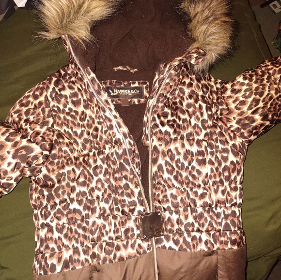 Girls 10/12 Leopard Print Puffer Coat With Fur Collar - Picture 2 of 4